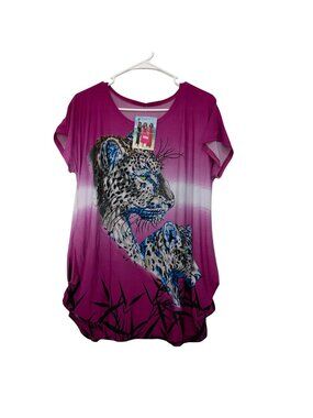 Leopard Graphic Women SZ L Top Short Sleeves V-Neck Pink Gradient Embellished